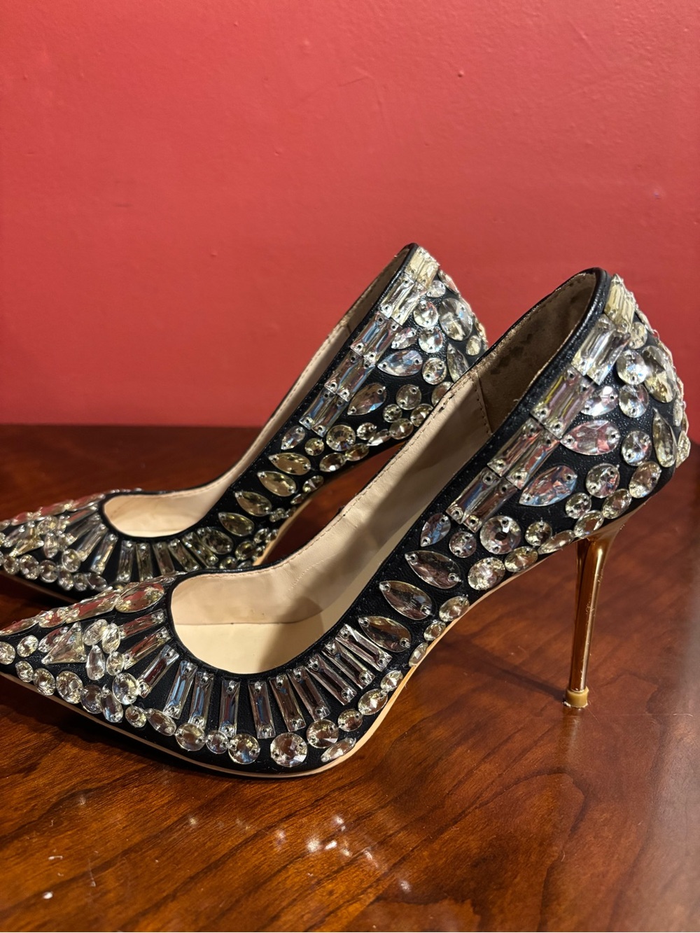 Crystal-Embellished Black Pointed-Toe Stiletto Pumps